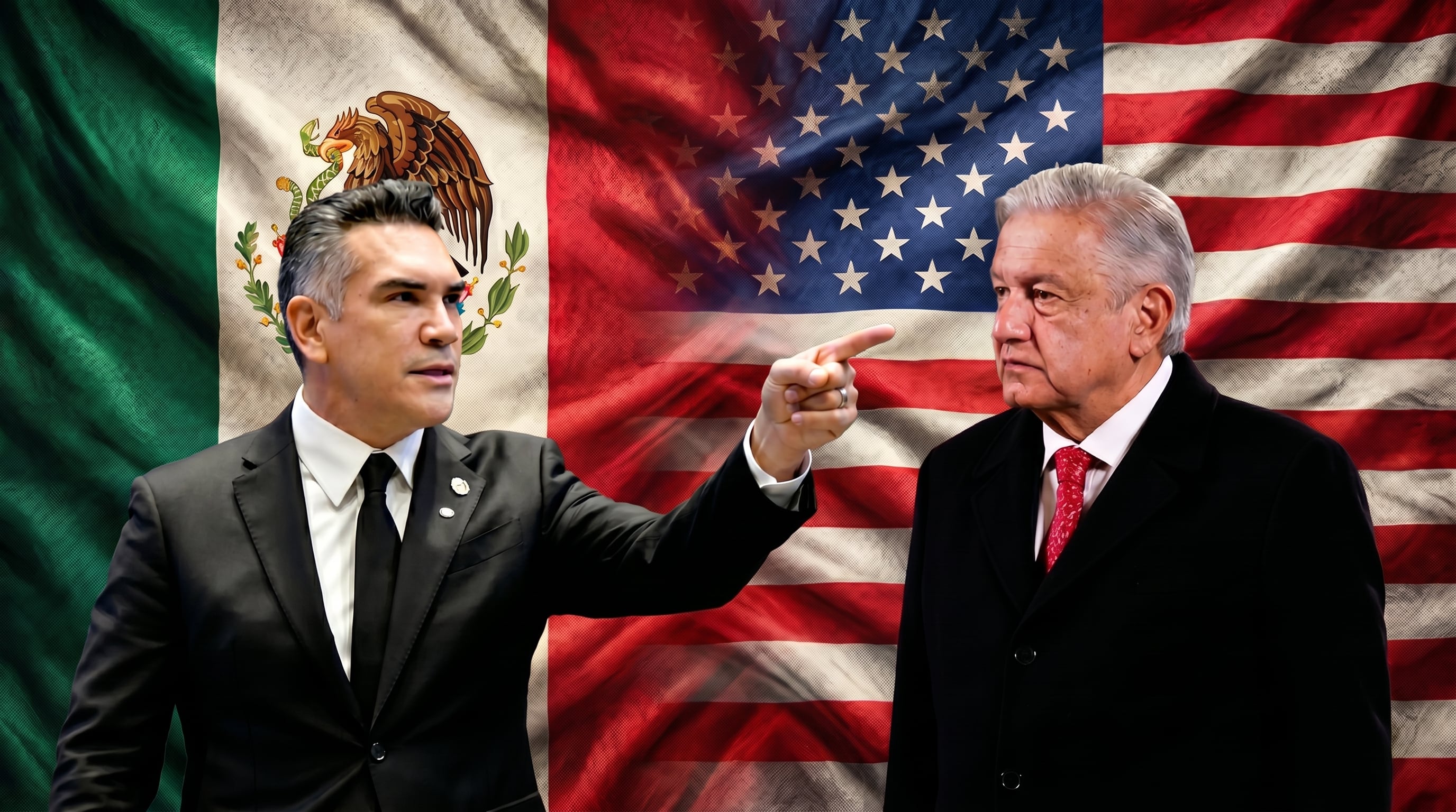 Alejandro Moreno Cárdenas señala a Andrés Manuel López Obrador sobre un fondo que divide diagonalmente las banderas de México y Estados Unidos, reflejando la dinámica binacional. (Imagen Ilustrativa Infobae)