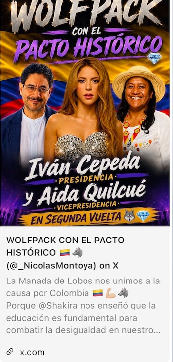 El mensaje eliminado de la campaña incluía un montaje de Shakira junto a Iván Cepeda y Aida Quilcué, resaltando la importancia de la educación para combatir la desigualdad - crédito @_NicolasMontoya/ X