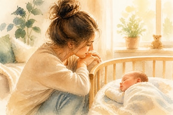 Una madre contempla a su bebé recién nacido en una cuna - crédito