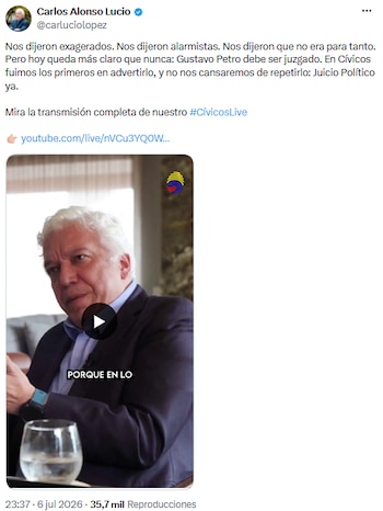 Carlos Alonso Lucio pidió que Gustavo Petro sea juzgado por “traición a la patria” - crédito @carluciolopez/X