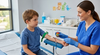 Un niño rubio en una camilla mientras una enfermera con uniforme azul y guantes le extrae sangre del brazo. En el fondo, un consultorio con dibujos infantiles.