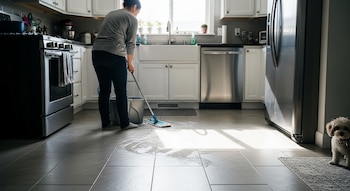Vista trasera de una persona trapeando el suelo de baldosas grises de una cocina moderna con gabinetes blancos y electrodomésticos de acero inoxidable, con un perro.