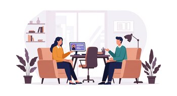 Ilustración de una mujer y un hombre sentados en sillones enfrentados en un consultorio, con un escritorio y un monitor entre ellos que muestra un perfil.