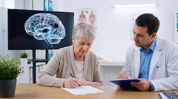 Una mujer mayor escribe en un formulario mientras un médico joven toma notas a su lado. Detrás, una pantalla muestra un modelo 3D del cerebro con conexiones neuronales iluminadas.