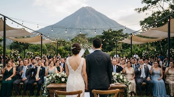 Vista trasera de pareja de novios en altar al aire libre con invitados sentados. Al fondo, un volcán se alza bajo un cielo claro con guirnaldas de luces.