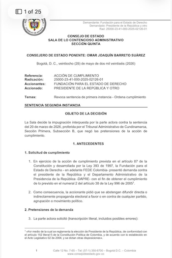 La decisión se fundamentó en el numeral 2 del artículo 38 de la Ley 996 de 2005, conocida como Ley de Garantías Electorales - crédito Consejo de Estado