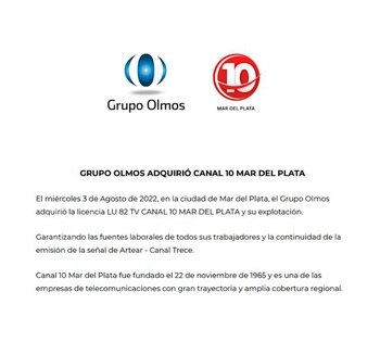 El comunicado del Grupo Olmos