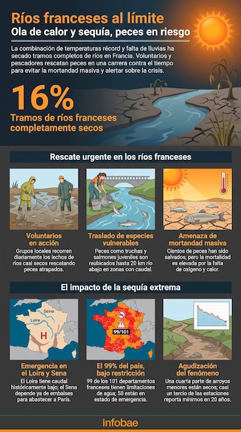 Infografía: un sol, río seco, tierra agrietada, texto sobre el 16% de ríos secos. Ilustraciones de rescate de peces, peces moribundos, mapas de Francia y gráfico de tendencia.