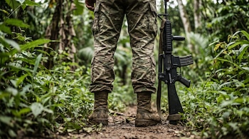 Piernas de soldado con uniforme camuflado y botas en sendero de tierra. Un fusil negro está junto a su pierna. Entorno de selva con vegetación densa y verde.