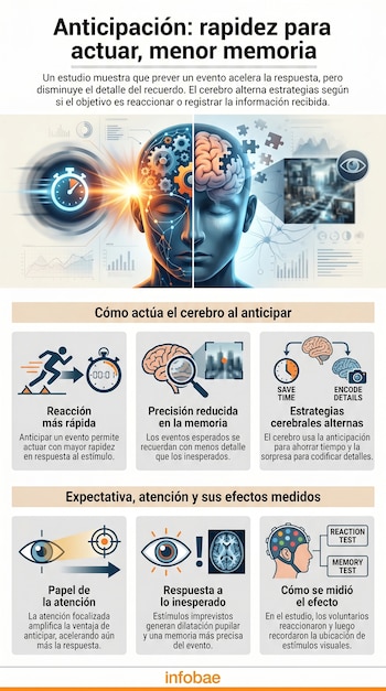 Infografía con cabeza humana mostrando cerebro y engranajes, reloj, gráficos, ciudad, iconos de ojo y cerebro, una persona corriendo, y texto sobre anticipación.