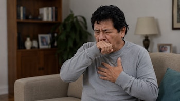 Hombre adulto con cabello oscuro y camisa gris tosiendo, cubriéndose la boca con una mano y tocándose el pecho con la otra, sentado en un sofá