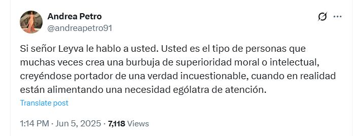 Andrea Petro no ocupa un cargo oficial, pero su mensaje se interpretó como una defensa directa y personal de su padre ante los ataques - crédito @andreapetro91/X
