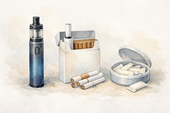 Ilustración en acuarela de un vapeador moderno, una caja de tabaco calentado con sus cigarrillos y un recipiente con bolsitas de nicotina sobre un fondo claro.