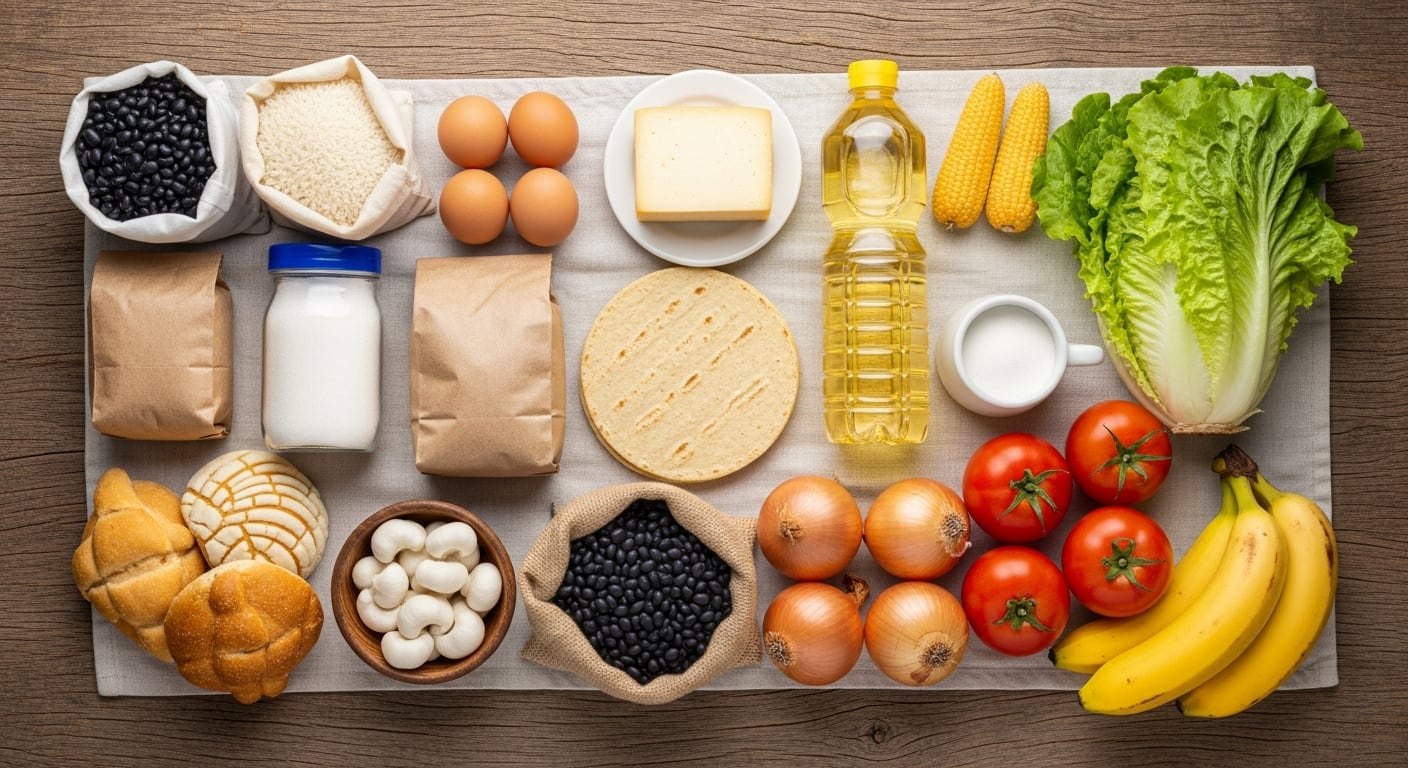 Canasta básica de alimentos con granos, lácteos, frutas, verduras y pan, mostrando la diversidad de productos esenciales para los hogares en El Salvador. /(Imagen Ilustrativa Infobae)