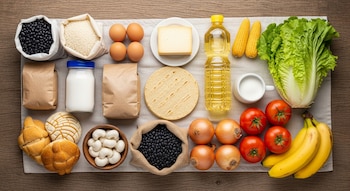 Vista superior de una variedad de alimentos incluyendo frijoles, arroz, huevos, queso, aceite, maíz, lechuga, tomates, cebollas, plátanos y pan.