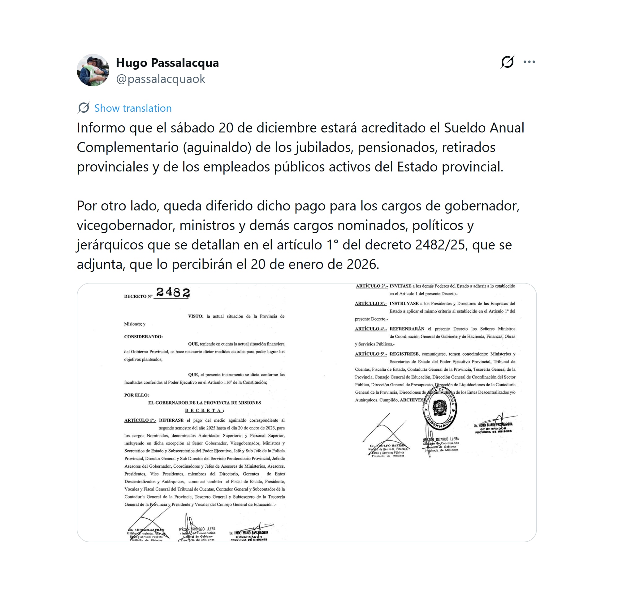 Hugo Passalacqua posterga el pago del aguinaldo a funcionarios políticos de Misiones hasta enero de 2026 por la crisis financiera provincial