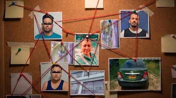 Tablero de corcho con fotos de varias personas, un vehículo y escenas, conectadas por hilos rojos y chinchetas. Incluye notas adhesivas.
