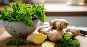 Un cuenco con hojas de menta fresca junto a varias raíces de jengibre, algunas enteras y otras cortadas en rodajas, sobre una tabla de madera.