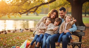 Una familia de cuatro, dos padres y dos hijos, sentada en un banco de madera en un parque durante el otoño, con hojas caídas y un lago con patos al fondo.