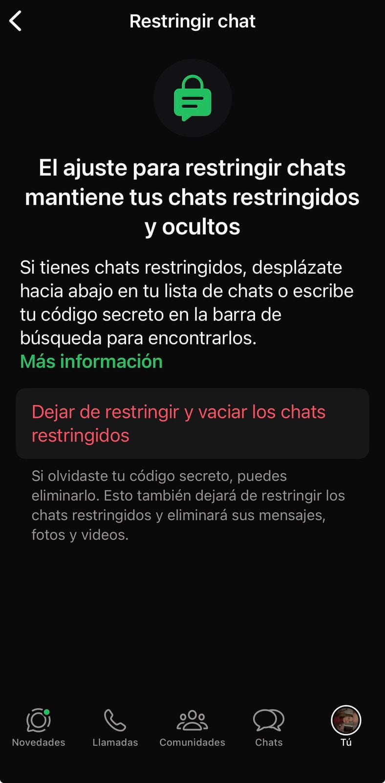 Una captura de pantalla muestra la interfaz de una aplicación de mensajería con la opción 'Restringir chat' activada, explicando cómo mantener conversaciones privadas y ocultas a otros usuarios. (WhatsApp)
