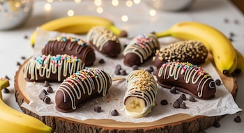 Ocho chocobananas cubiertas de chocolate oscuro y blanco, decoradas con grageas y nueces, dispuestas en una tabla de madera con papel. Plátanos y chispas de chocolate alrededor.