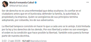 María Fernanda Cabal reivindicó los principios de la derecha y llamó a no ocultar la identidad política - crédito @MariaFdaCabal/X