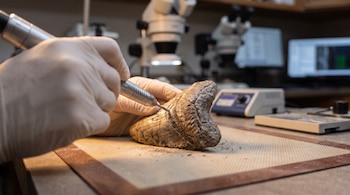 Manos con guantes blancos usan una herramienta sobre un diente fósil grande colocado en una mesa de trabajo con microscopios al fondo.