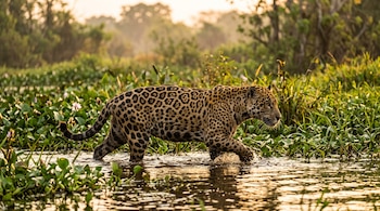 Un jaguar de pelaje manchado camina de perfil en agua poco profunda rodeado de lirios acuáticos y plantas verdes.