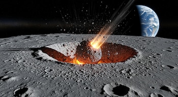 Imagen de un meteorito rocoso incandescente impactando la superficie gris y craterizada de la Luna, expulsando escombros y luz, con la Tierra azul visible a lo lejos.