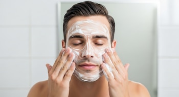 Primer plano de un hombre con cabello oscuro, ojos cerrados y expresión serena, masajeando su rostro cubierto de espuma blanca con ambas manos.