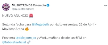 Esta es una oportunidad para que los fanáticos de la agrupación puedan asistir al concierto - crédito @musictrendescol