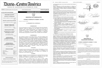 Dos páginas impresas del diario oficial de Guatemala con encabezados de la sección del Organismo Ejecutivo y firmas oficiales.