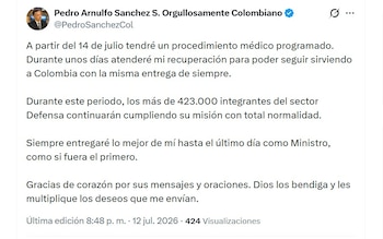 Pedro Sánchez confirma suspensão temporária do Ministério da Defesa devido a procedimentos médicos - crédito @PedroSanchezCol/X