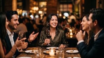 Una mujer sonriente sostiene una copa de vino en una mesa de madera junto a varias personas en un restaurante iluminado.