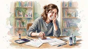Ilustración en acuarela de una joven riendo en un escritorio con sellos, frascos medicinales y papeles que dicen Constancia Médica.