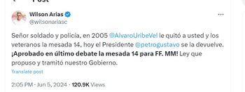 Wilson Arias dice que Álvaro Uribe quitó la mesada 14 - crédito @wilsonariasc