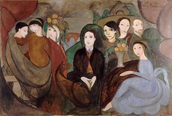 Una pintura que muestra ocho figuras, entre ellas siete mujeres y un hombre central, acompañadas por un perro en primer plano, con un fondo abstracto