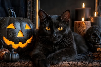 Un gato negro recostado junto a una calabaza negra iluminada, velas encendidas y una calavera decorativa sobre una superficie oscura.