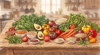 Una mesa de madera con brócoli, aguacates, tomates, zanahorias, pimientos, espinacas, col rizada, cebollas, lentejas, garbanzos y cereales.