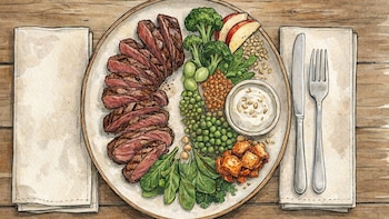 Un plato redondo sobre una mesa de madera. Contiene filete en rodajas, brócoli, guisantes, espinacas, lentejas, trozos de tofu, manzana y una salsa.