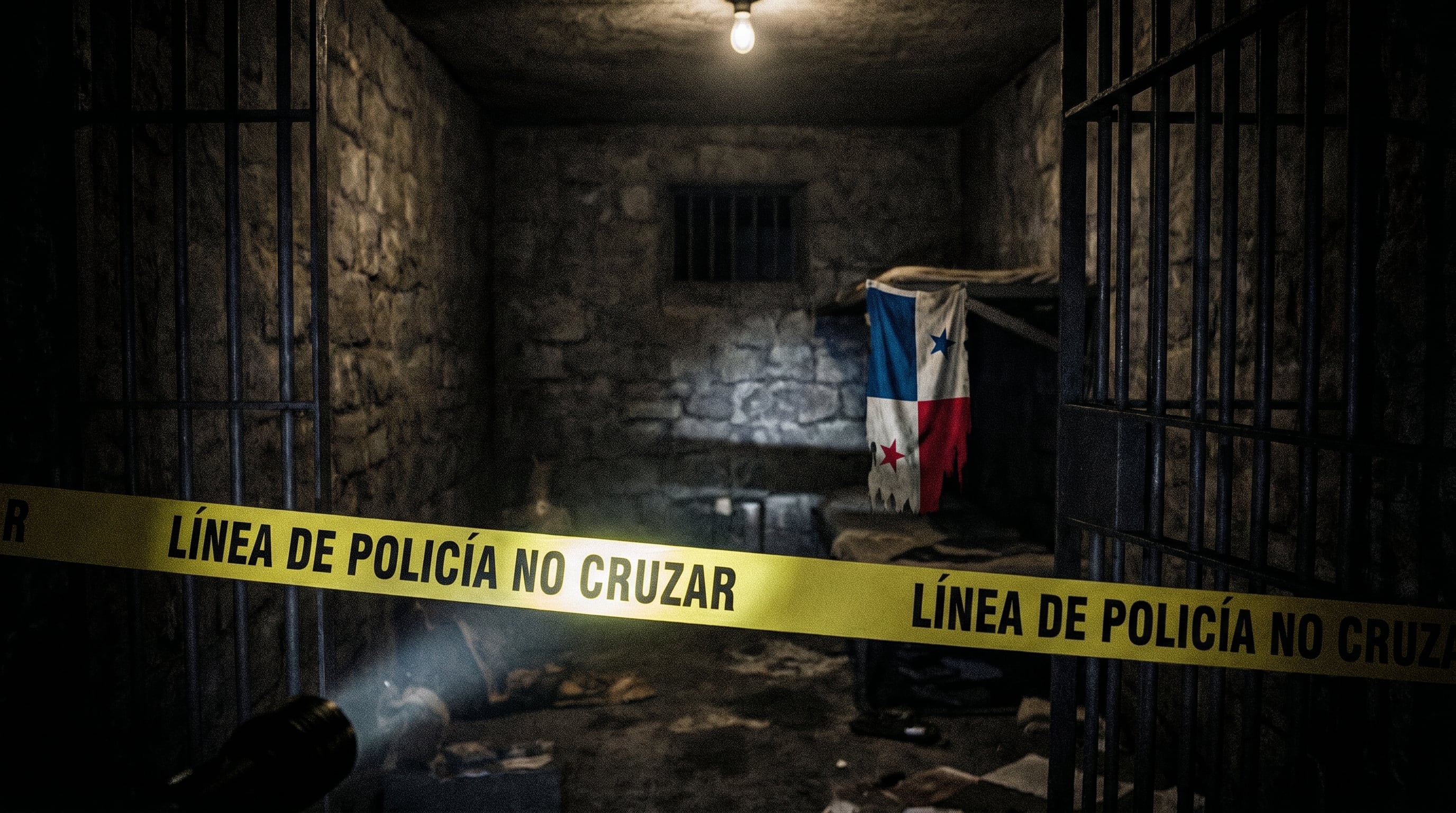 Una celda oscura con rejas y una bandera de Panamá de fondo está acordonada por una cinta policial, simbolizando una escena de crimen o una investigación. (Imagen Ilustrativa Infobae)