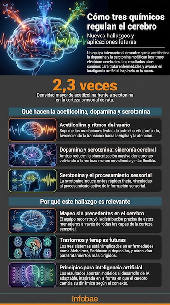Ilustración de un cerebro humano luminoso con ondas eléctricas de colores. Tres moléculas irradian luz hacia el cerebro. Texto sobre la regulación química cerebral.
