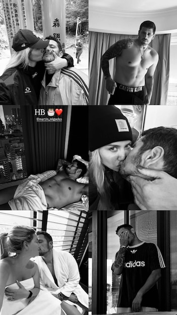 Un collage de seis fotografías en blanco y negro con retratos de un hombre y una mujer abrazados, besándose y en habitaciones interiores