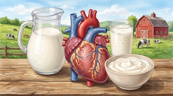 Una jarra de leche, un corazón anatómico, un vaso y un tazón sobre una mesa de madera frente a una granja con vacas.