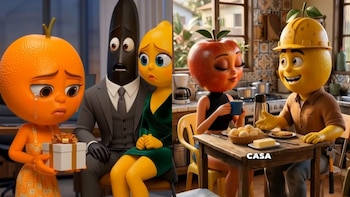 Escenas de "Frutinovelas": a la izquierda, una naranja llora con un regalo junto a un plátano y un limón asustados; a la derecha, una manzana y un limón desayunan