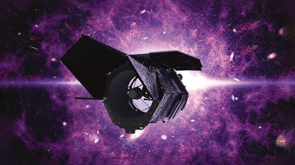 El Telescopio Espacial Nancy Grace Roman se ubica frente a un fondo de galaxias y nebulosas de color púrpura.