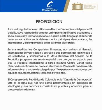 Proposición del Partido Conservador sobre