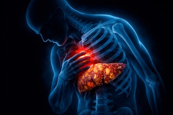 Silueta azul translúcida de un torso humano con costillas visibles, mostrando un hígado graso dañado y una zona de intenso brillo rojo en el pecho, señal de dolor.