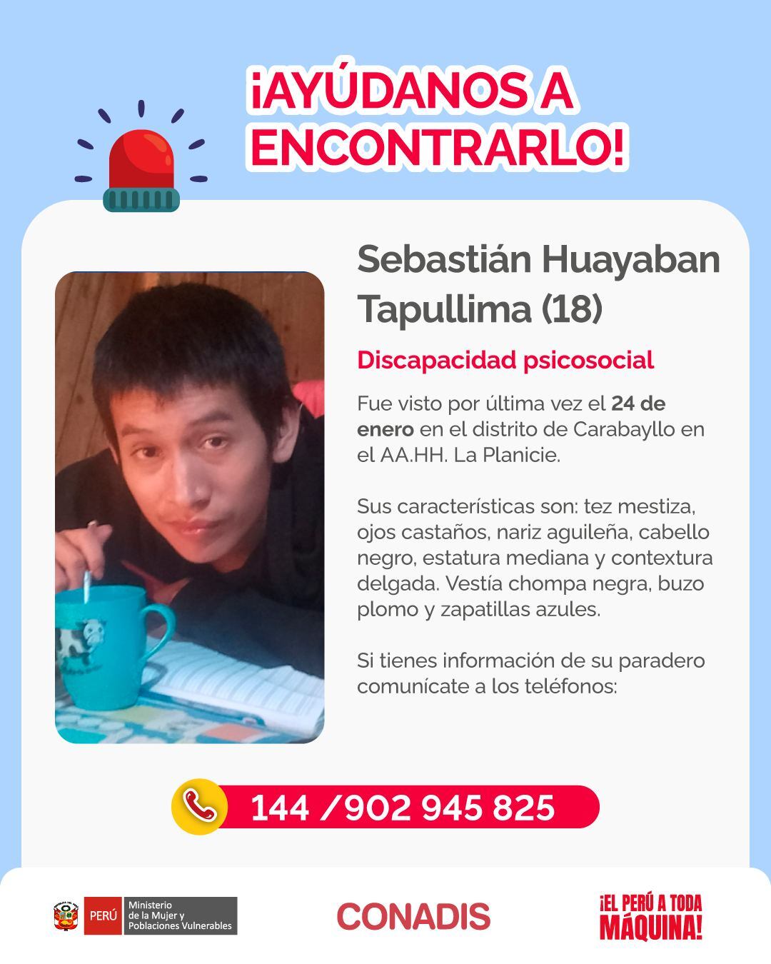 Sebastián Huayaban Tapullima, de 18 años, se encuentra desaparecido | Foto: Conadis