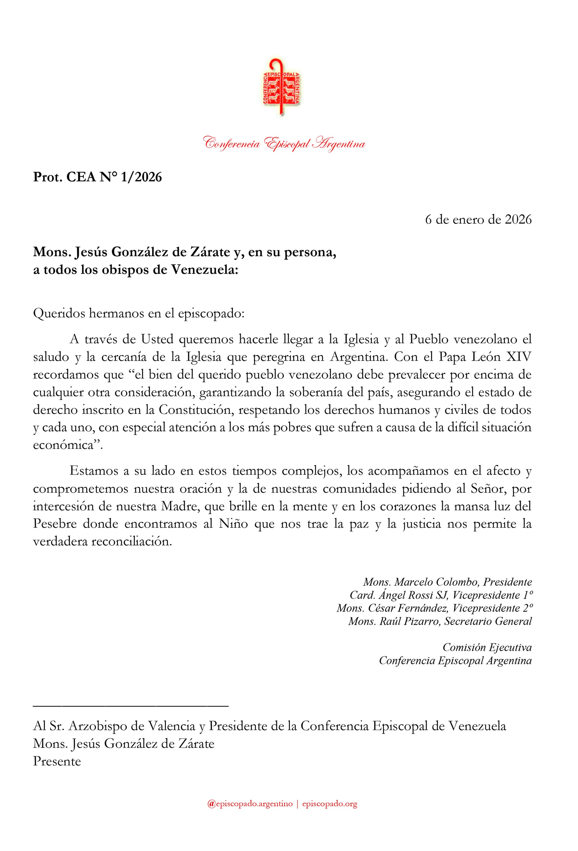 Carta de la Conferencia Episcopal Argentina a los obispos de Venezuela